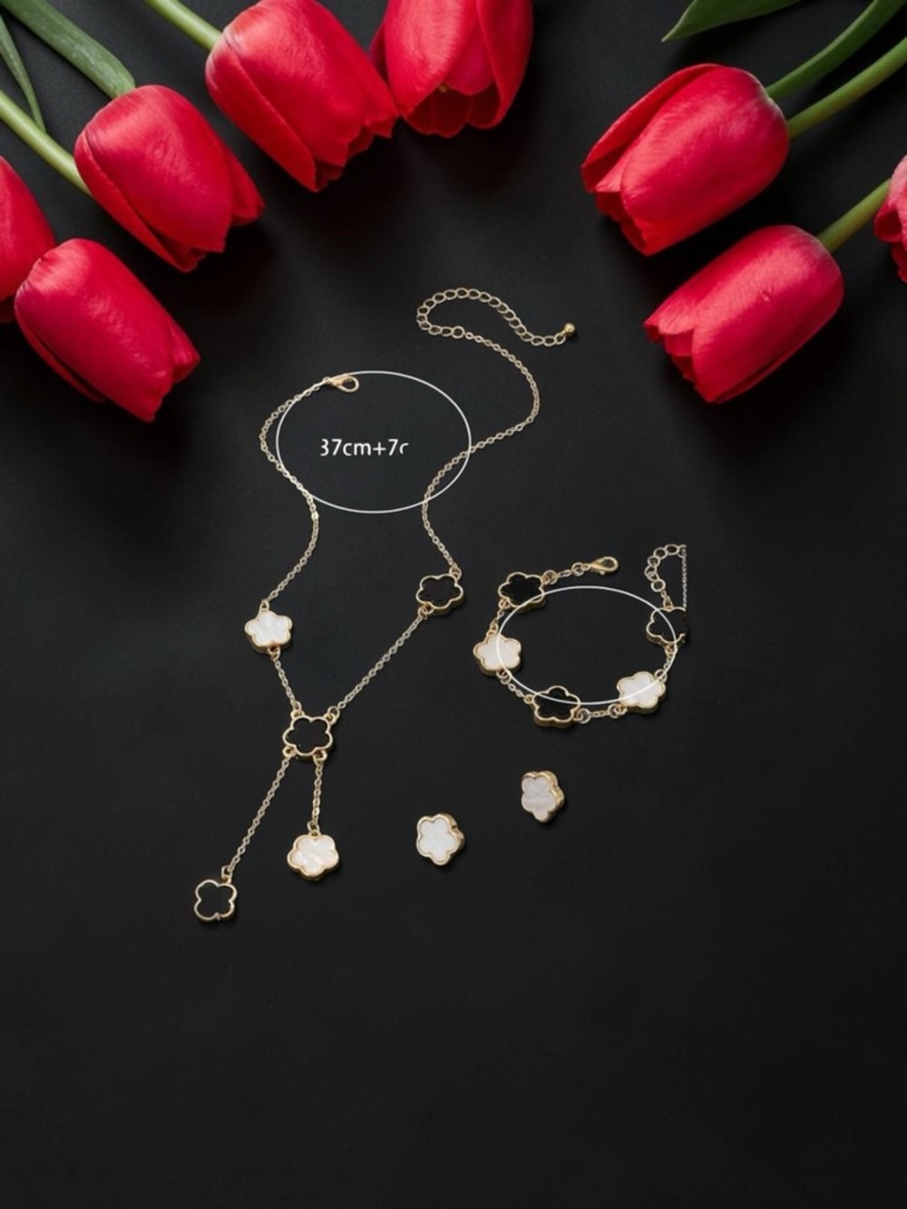 Gold Clover Necklace, Bracelet & Earrings Set - White Inlay - Picture 2 of 8